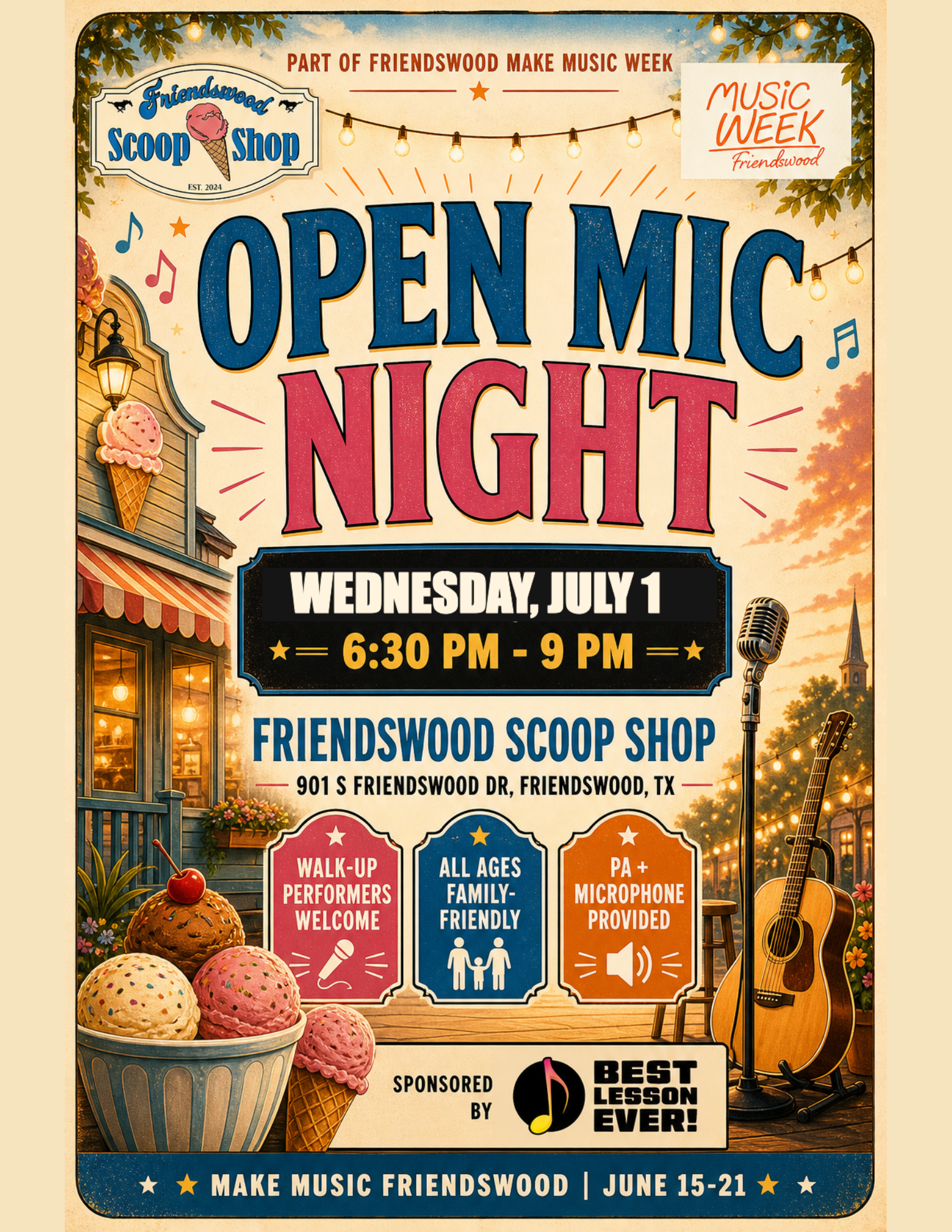 Open Mic Night flyer for Friendswood Scoop Shop